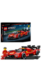 Display LEGO Speed Champions 77261: caja del set Ferrari 499P Le Mans Hypercar junto al coche montado y minifigura piloto Ferrari con casco - lo que recibes