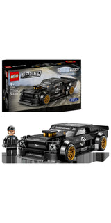 Display LEGO Speed Champions 77262: caja del set Ken Block Mustang Hoonicorn junto al coche montado y minifigura Ken Block con gorra Hoonigan - lo que recibes