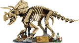Set LEGO Jurassic World 77985 Dinosaur Fossils Triceratops montado: esqueleto completo a tamaño museo con tres cuernos icónicos, gola dorsal, costillas, vértebras y cola larga articulada, placa Jurassic Park y minifigura paleontólogo - 1154 piezas