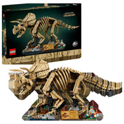 Display LEGO Jurassic World 77985: caja del set Fósiles Triceratops junto al modelo montado del esqueleto del dinosaurio a tamaño exposición - lo que recibes en tu pedido