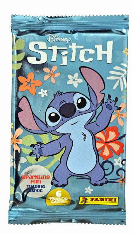 Panini Disney Stitch trading card packet with 6 cards, shiny blue wrapper with tropical flowers