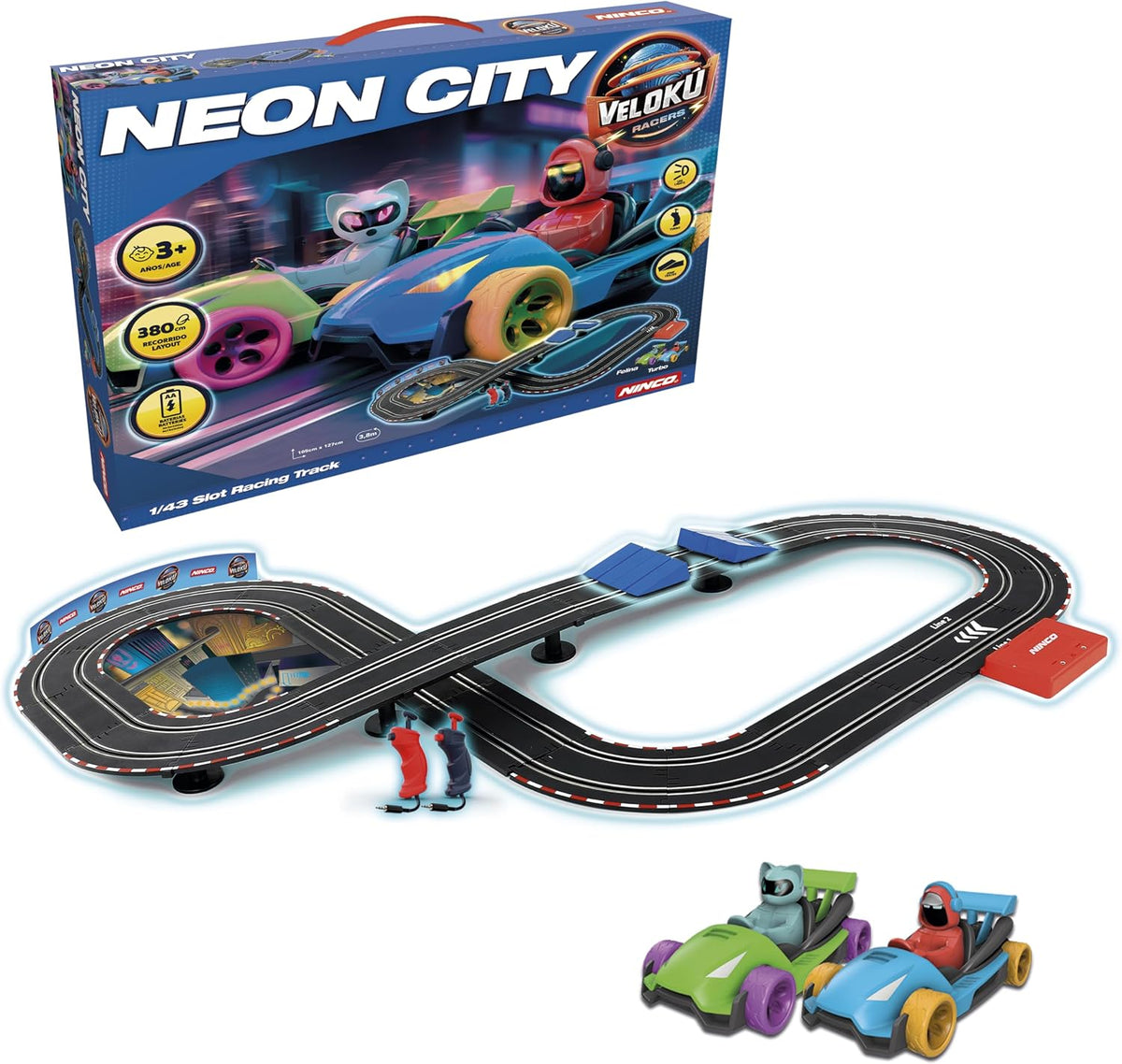 Caja del circuito de slot Velokú Racers Neon City de Ninco (91021) con la pista en ocho, los dos mandos y los karts de Turbo y Felina