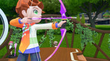 Nintendo Switch Sports Resort: tiro con arco, un jugador tensa el arco morado apuntando a la diana
