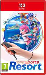 Caja de Nintendo Switch Sports Resort para Nintendo Switch 2, portada con los deportistas sobre la isla Wuhu y una mano con el Joy-Con 2