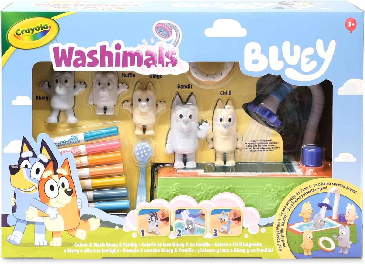 Washimals Bluey Set 4 Mascotas Piscina y Fondo Coloreable