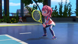 Nintendo Switch Sports Resort: jugadora de pelo rosa en posición de resto en la pista de tenis
