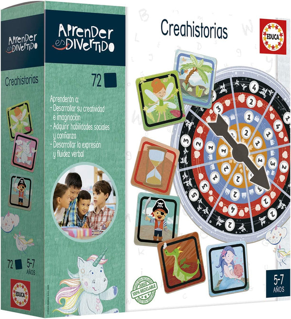 Educa Borrás Creahistorias - caja del juego educativo con cartas y ruleta - vista principal