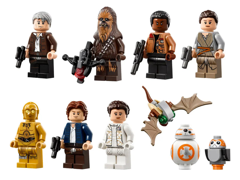 8 minifiguras LEGO Star Wars incluidas en set 75192: Han Solo, Chewbacca, Princesa Leia, C-3PO, BB-8, Rey, Finn y Poe Dameron