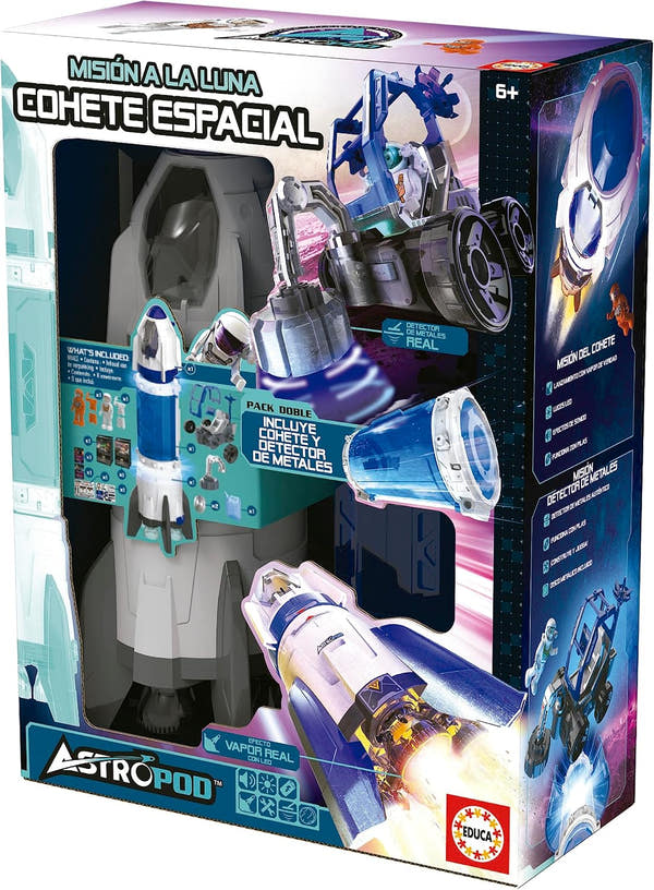 Caja del Cohete Espacial Astropod Misión a la Luna de Educa (41350), pack doble con cohete y vehículo detector de metales