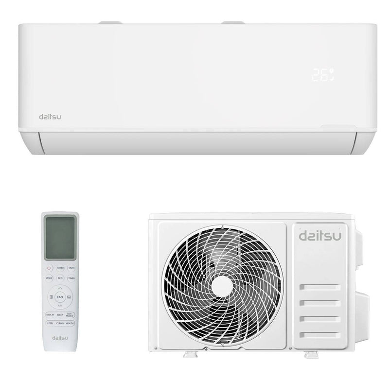 Aire acondicionado split Daitsu unidad interior blanca con diseño compacto y elegante, tecnología inverter con WiFi integrado, segunda marca de Fujitsu para climatización eficiente
