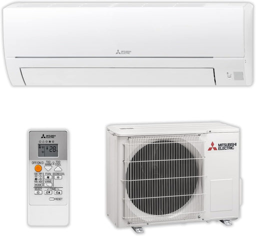 Aire acondicionado split Mitsubishi Electric unidad interior blanca montada en pared, diseño compacto premium con acabado brillante, tecnología inverter avanzada con WiFi MELCloud para climatización eficiente de alta gama

