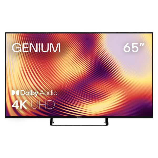 Televisor Genium 65 pulgadas GTV65UHD 4K UHD WebOS, vista frontal con peana central