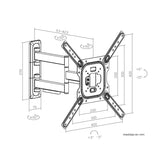 Infografía: medidas del soporte Genium GSPART65 — extensión 53-423 mm, giro ±90°, inclinación +5°/−10°, VESA hasta 400x400 mm