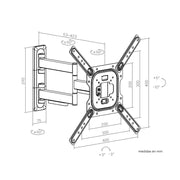 Infografía: medidas del soporte Genium GSPART65 — extensión 53-423 mm, giro ±90°, inclinación +5°/−10°, VESA hasta 400x400 mm