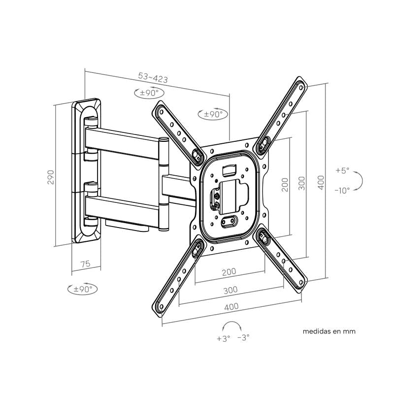 Infografía: medidas del soporte Genium GSPART65 — extensión 53-423 mm, giro ±90°, inclinación +5°/−10°, VESA hasta 400x400 mm