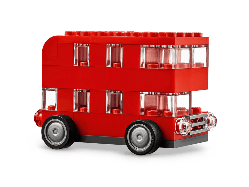 Autobús londinense rojo LEGO Classic 11036 de dos pisos con ventanas transparentes y ruedas
