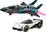 Avión LEGO 21cm y coche 13cm con posquemadores funcionales y interior detallado
