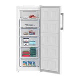 Congelador vertical Beko B3RFNE274W con la puerta abierta y sus 5 cajones