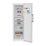 Congelador vertical Beko B3RFNE314W con la puerta abierta y sus 5 cajones