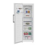 Congelador vertical Beko B3RMFNE314W con la puerta abierta y sus 5 cajones
