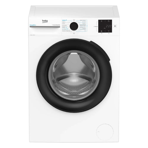 Beko BM3WFT3821WB white washing machine from the front, with black porthole door and digital display panel