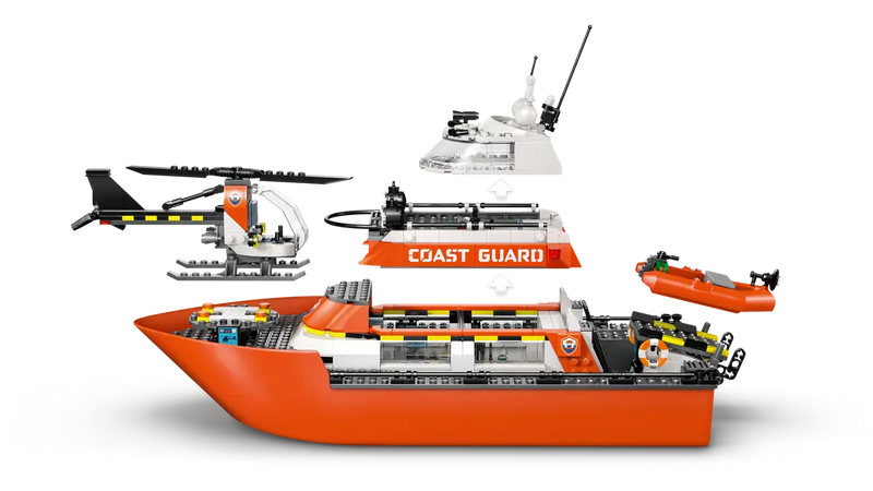 Barco LEGO 42cm naranja flotante con helicóptero lanchas y cubiertas
