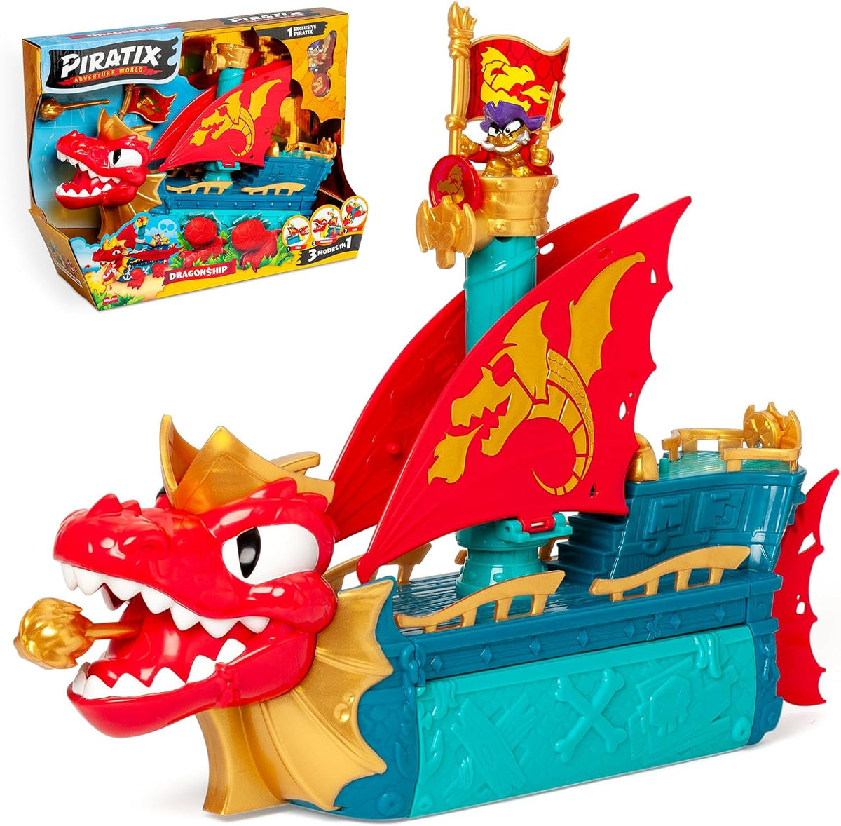 Barco del Dragón Piratix Dragon Ship con dragón guardián articulado, figuras piratas, cañón funcional y accesorios completos
