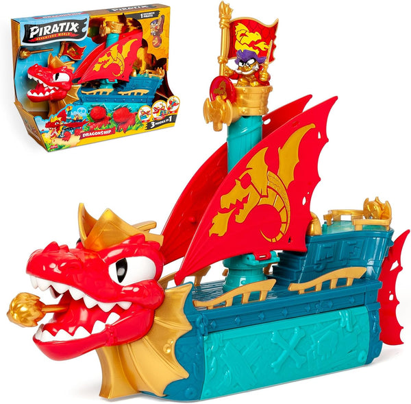 Barco del Dragón Piratix Dragon Ship con dragón guardián articulado, figuras piratas, cañón funcional y accesorios completos
