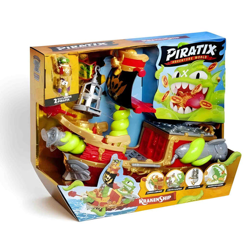 Barco del Kraken de Piratix con Capitán Big Blue y Bad Horsie, cañón funcional, catapulta y tesoro exclusivo, juguete pirata interactivo
