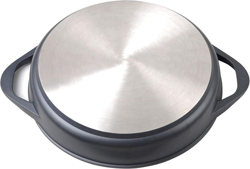 Base de cazuela Wecook EcoStone 32cm mostrando fondo difusor de 5mm para inducción con acabado en acero inoxidable y construcción de aluminio fundido antiadherente
