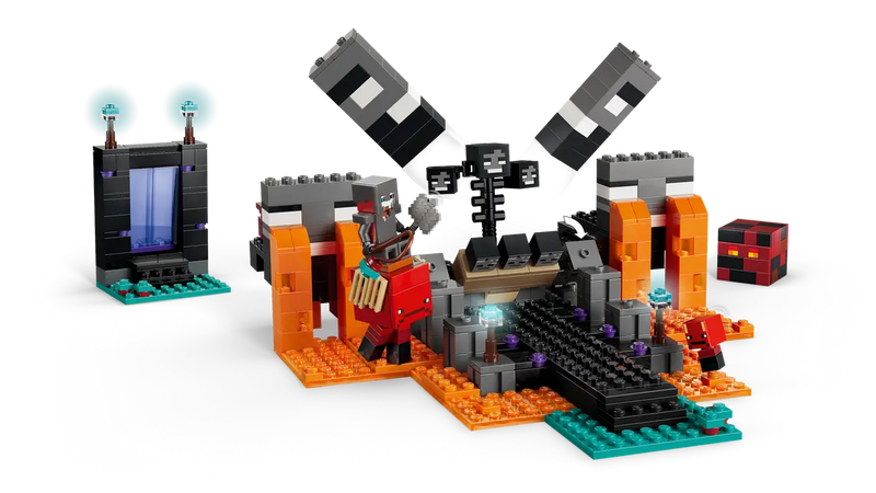 Batalla LEGO Minecraft en el Nether con portal azul, lava naranja y criaturas