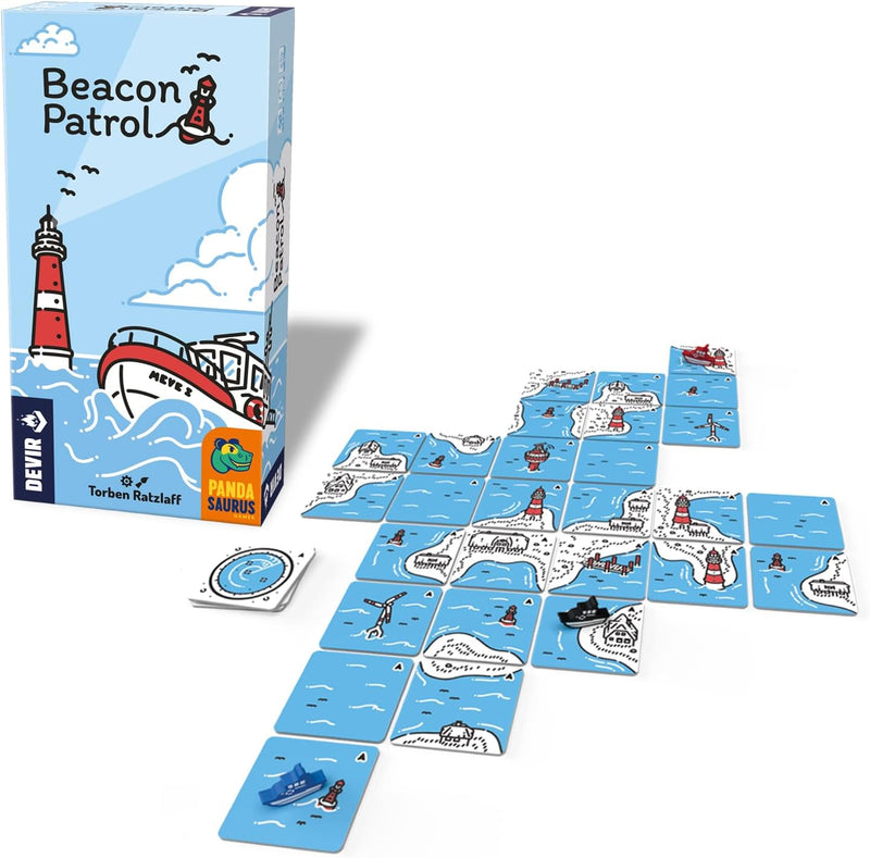 Beacon Patrol juego de mesa - Componentes y tablero del juego cooperativo de aventuras marítimas
