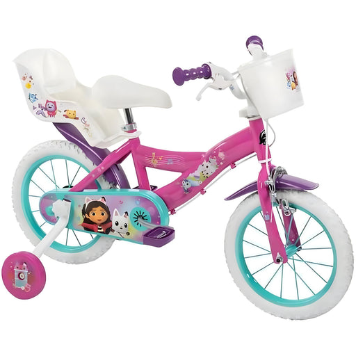 Bicicleta infantil de 14 pulgadas inspirada en Casa de Muñecas de Gabby, con ruedines, guardabarros, cesta delantera y diseño colorido, ideal para jóvenes ciclistas explorando el mundo al aire libre.