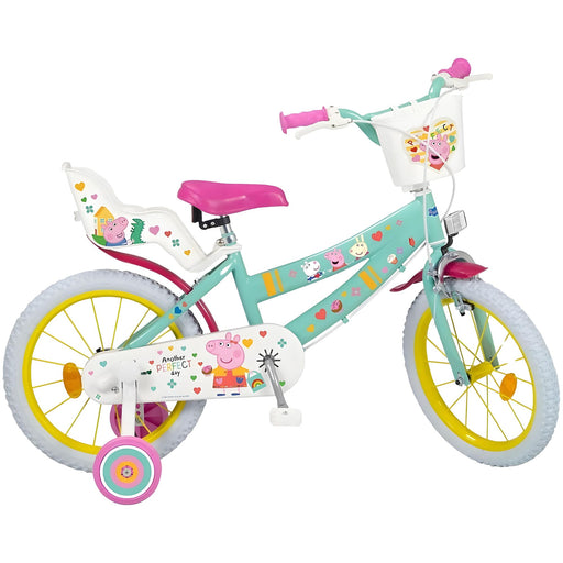 Bicicleta infantil de 16 pulgadas de Peppa Pig en color verde con detalles decorativos, equipada con cesta delantera y silla portamuñecas, ideal para niños entre 5 años y 120 cms de altura.