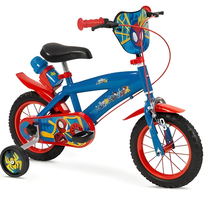 Bicicleta infantil de 12 pulgadas Spiderman de Toimsa Huffy en color azul, equipada con silla ajustable, ruedines, guardabarros y portabidón, perfecta para niños de 3 años en adelante aprendiendo a pedalear.