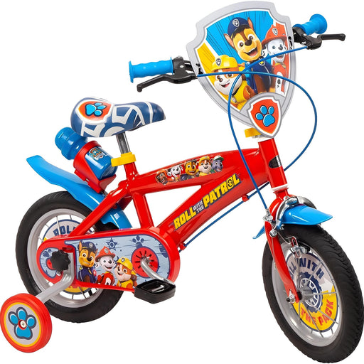 Bicicleta roja y azul de Paw Patrol para niños, de 12 pulgadas, con ruedines y decoraciones de los personajes de la serie, adecuada para niños pequeños