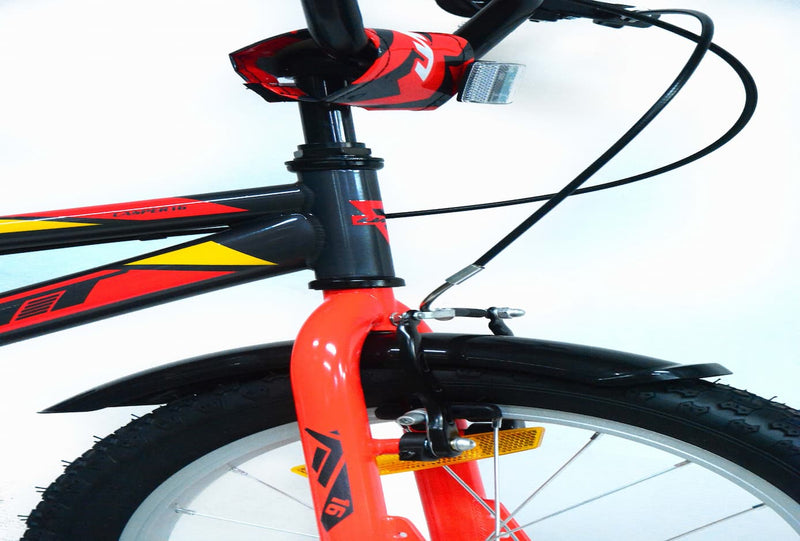 Bicicleta UMIT Casper 16 pulgadas gris-roja con ruedas de apoyo desmontables y frenos V-Brake, perfecta para niños que están aprendiendo a montar en bici con seguridad y estilo deportivo
