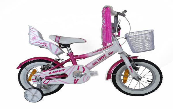 Bicicleta Umit Diana 12 pulgadas rosa y blanca para niña a partir de 3 años, con cuadro Hi-Ten resistente, frenos V-Break de aluminio, estabilizadores, cesta metálica y portamuñecas
