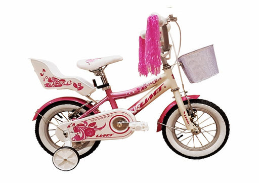 Bicicleta Umit Diana 12 pulgadas rosa y blanca para niña a partir de 3 años, con cuadro Hi-Ten resistente, frenos V-Break de aluminio, estabilizadores, cesta metálica y portamuñecas
