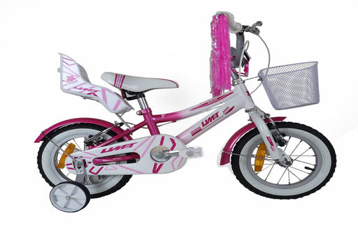 Bicicleta Umit Diana 12 pulgadas rosa y blanca para niña a partir de 3 años, con cuadro Hi-Ten resistente, frenos V-Break de aluminio, estabilizadores, cesta metálica y portamuñecas
