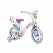 Bicicleta infantil Toimsa 14 pulgadas Paw Patrol blanca modelo 1481 con diseños oficiales de los personajes, cesta frontal azul, portamuñecas trasero y ruedines de seguridad para niños de 3 a 5 años
