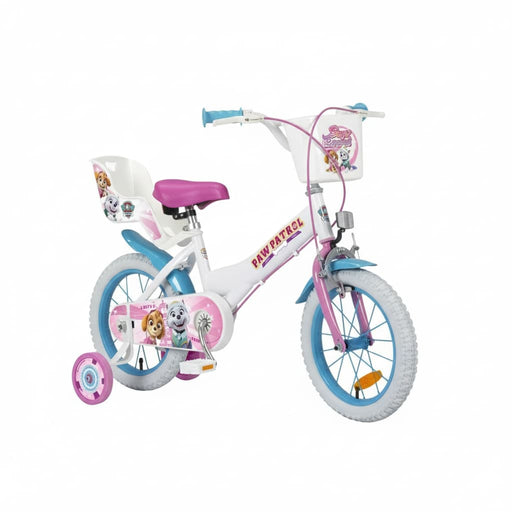 Bicicleta infantil Toimsa 14 pulgadas Paw Patrol blanca modelo 1481 con diseños oficiales de los personajes, cesta frontal azul, portamuñecas trasero y ruedines de seguridad para niños de 3 a 5 años

