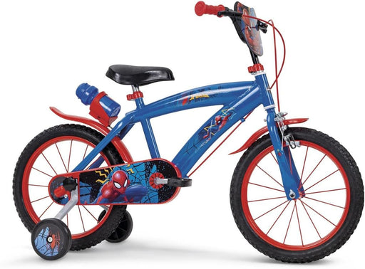 Bicicleta infantil Toimsa de 16 pulgadas con diseño oficial de Spiderman en colores rojo y azul, equipada con ruedas de entrenamiento laterales, manillar ergonómico, sillín acolchado y sistema de frenos seguro, ideal para niños a partir de 5 años
