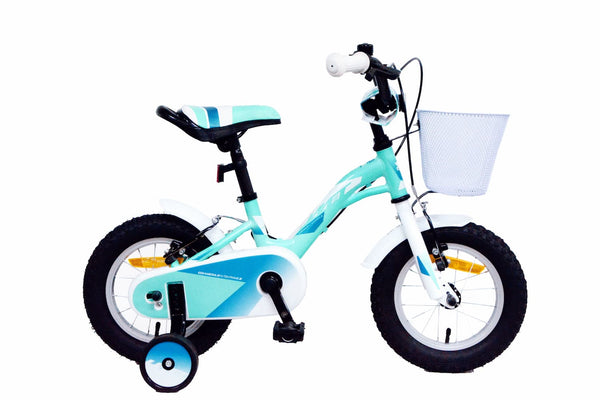 Bicicleta infantil UMIT ALICE 12 pulgadas en color turquesa con cesta delantera incluida, estabilizadores laterales y cuadro de acero Hi-Ten para niños a partir de 3 años
