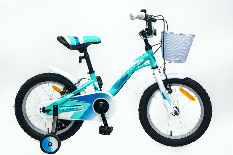 Bicicleta infantil UMIT Alice 16 pulgadas en color turquesa con cesta delantera decorativa, diseñada para niñas a partir de 5 años con guardabarros y ruedines estabilizadores incluidos
