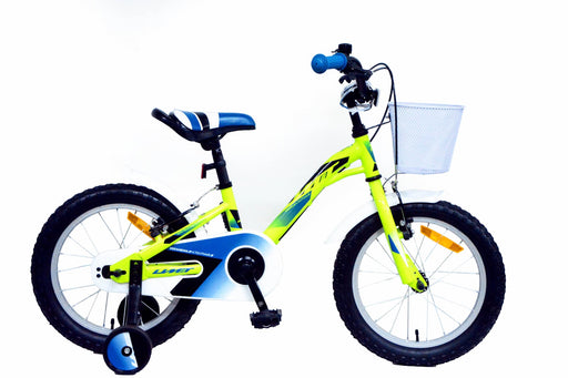 Bicicleta infantil UMIT Alice 16 pulgadas en color verde con cesta delantera decorativa, diseñada para niñas a partir de 5 años con guardabarros y ruedines estabilizadores incluidos
