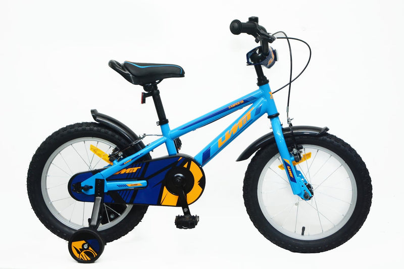 Bicicleta infantil UMIT Casper 16 pulgadas en color azul brillante con frenos V-Brake, diseñada para niños a partir de 5 años con cuadro resistente y ruedas de apoyo incluidas

