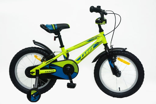 Bicicleta infantil UMIT Casper 16 pulgadas en color verde con frenos V-Brake de alta seguridad, diseñada para niños a partir de 5 años con cuadro resistente y ruedines estabilizadores incluidos
