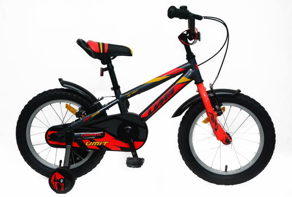 Bicicleta infantil UMIT Casper 16 pulgadas en gris y rojo con frenos V-Brake, diseñada para niños a partir de 5 años con cuadro resistente y ruedines estabilizadores incluidos
