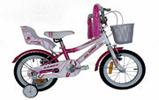 Bicicleta infantil UMIT Diana 14 pulgadas en rosa y blanco con cesta delantera y portamuñecas trasero, ideal para niñas a partir de 3 años que quieren pasear con sus muñecos favoritos
